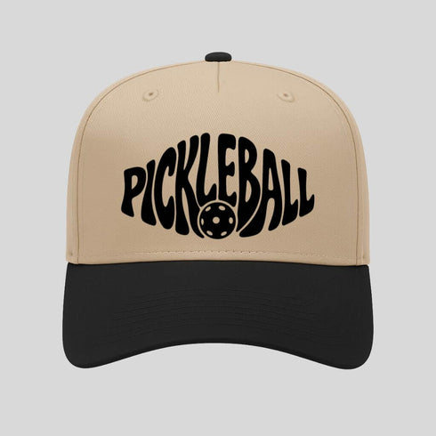 Beige and black cap with 'Pickleball' text on a light gray background